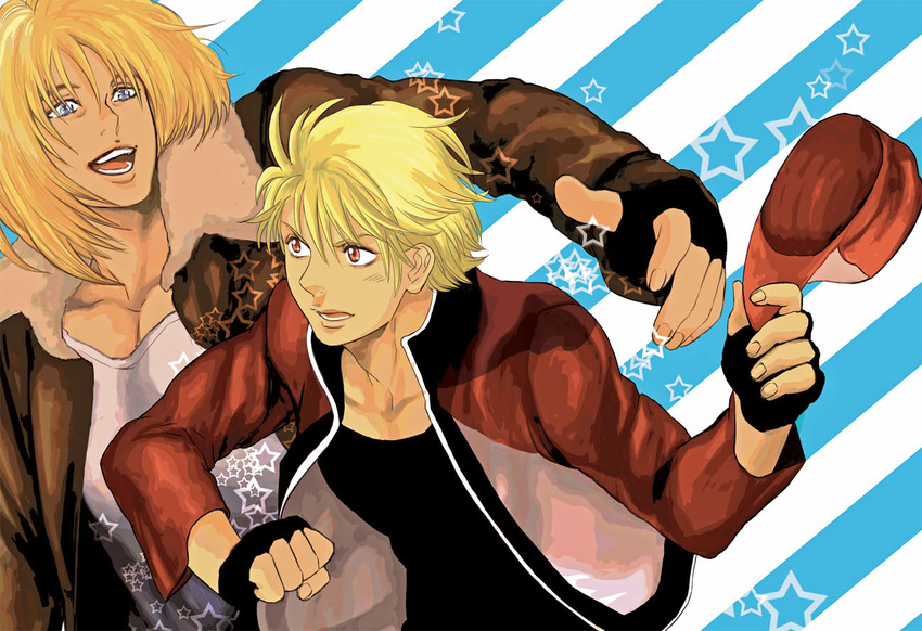blonde_hair blue_eyes bomber_jacket bud_(korovsme) fatal_fury father_and_son fingerless_gloves gloves hat hat_removed headwear_removed jacket male_focus multiple_boys red_eyes red_jacket rock_howard terry_bogard
