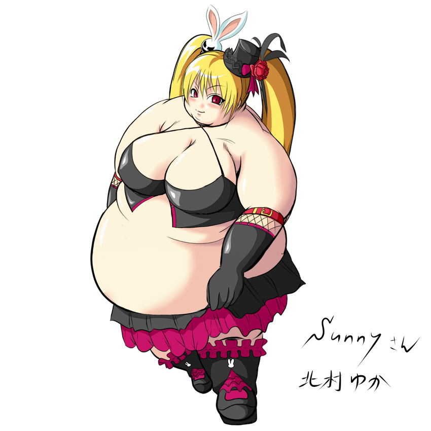 belly blonde_hair blush boots breasts fat gloves goth gothic hat highres mune0107 obese red_eyes weight_gain