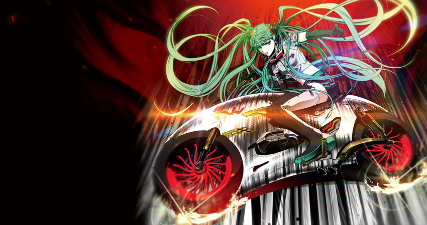 biker elbow_gloves glasses gloves green_eyes green_hair ground_vehicle hatsune_miku headphones long_hair motor_vehicle motorcycle nagimiso official_art shorts solo thighhighs twintails very_long_hair vocaloid