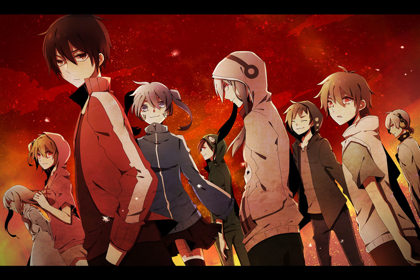 5boys amamiya_hibiya ene_(kagerou_project) everyone hood hooded_jacket hoodie jacket kagerou_project kano_shuuya kido_tsubomi kisaragi_momo kisaragi_shintarou konoha_(kagerou_project) kozakura_marry multiple_boys multiple_girls noru_(lila2) open_clothes open_jacket red seto_kousuke sweater_vest thighhighs track_jacket vocaloid