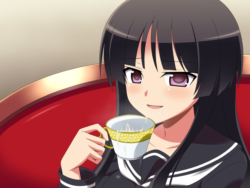 1girl ayasein_yukana black_hair blush cum cum_in_cup cup dosukebe_ojousama_no_himitsu_kimoota_no_boku_ga_senyou_milk_server_ni_natta_wake gokkun highres long_hair miyamaya purple_eyes school_uniform smile teacup