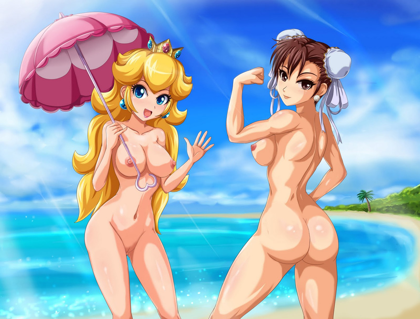 areolae arm_up ass beach breasts capcom chun-li cloud crossover erect_nipples highres huge_ass large_breasts legs multiple_girls muscle nipples nude ocean photoshop princess_peach pussy sand sideboob sigurd_hosenfeld sigurdhosenfeld sky street_fighter super_mario_bros. thighs tree uncensored