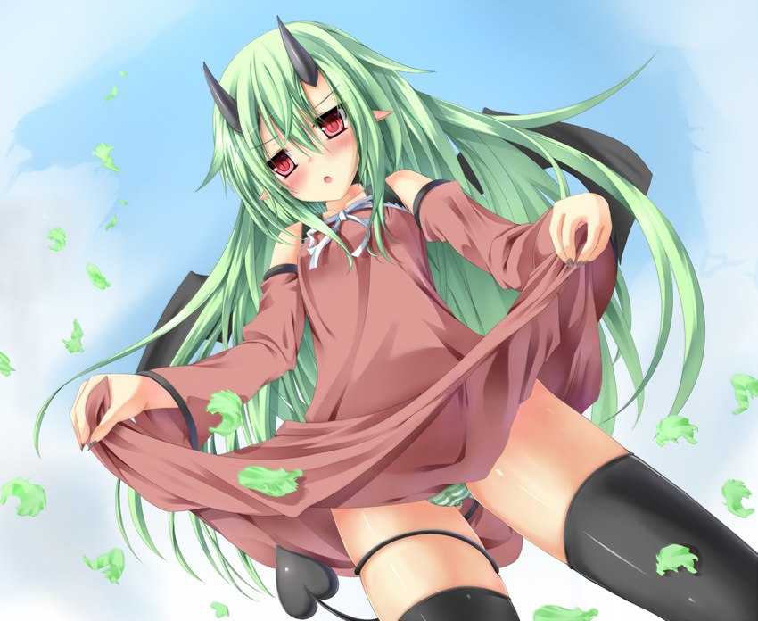 :o bare_shoulders black_legwear blush cameltoe demon_girl demon_tail detached_sleeves dress dress_lift fingernails fujieda_uzuki green_hair holding horns long_hair nail_polish original panties pointy_ears red_eyes slit_pupils solo striped striped_panties tail thighhighs tsunotsuki_(uguisu_maccha) underwear wind wings