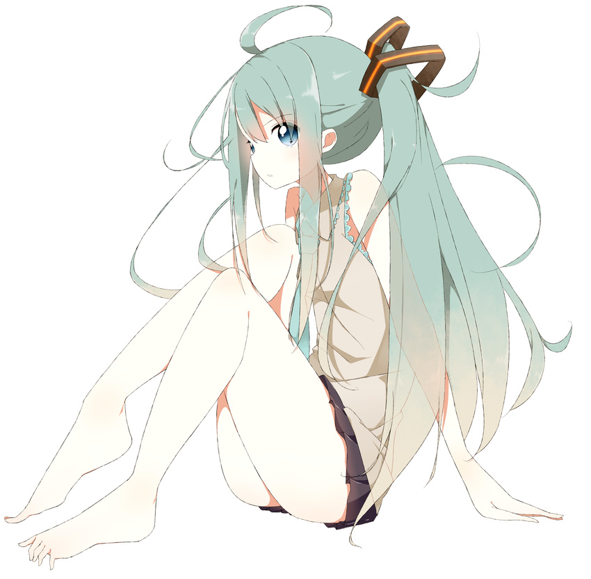 ahoge aqua_eyes aqua_hair barefoot hair_ribbon hatsune_miku highres kurean legs long_hair necktie ribbon skirt smile solo twintails very_long_hair vocaloid