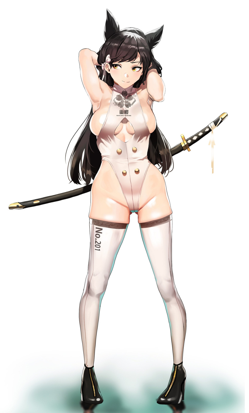 1girl absurdres animal_ears armpits arms_behind_head arms_up atago_(azur_lane) azur_lane bangs black_hair blush boots breasts brown_eyes cleavage_cutout closed_mouth clothes_writing extra_ears eyebrows_visible_through_hair gradient gradient_background hair_ribbon highleg highleg_leotard highres ihobus katana large_breasts leotard long_hair looking_away mole mole_under_eye ribbon sheath sheathed simple_background smile solo swept_bangs sword thighhighs weapon weapon_on_back white_legwear white_leotard white_ribbon zipper_footwear