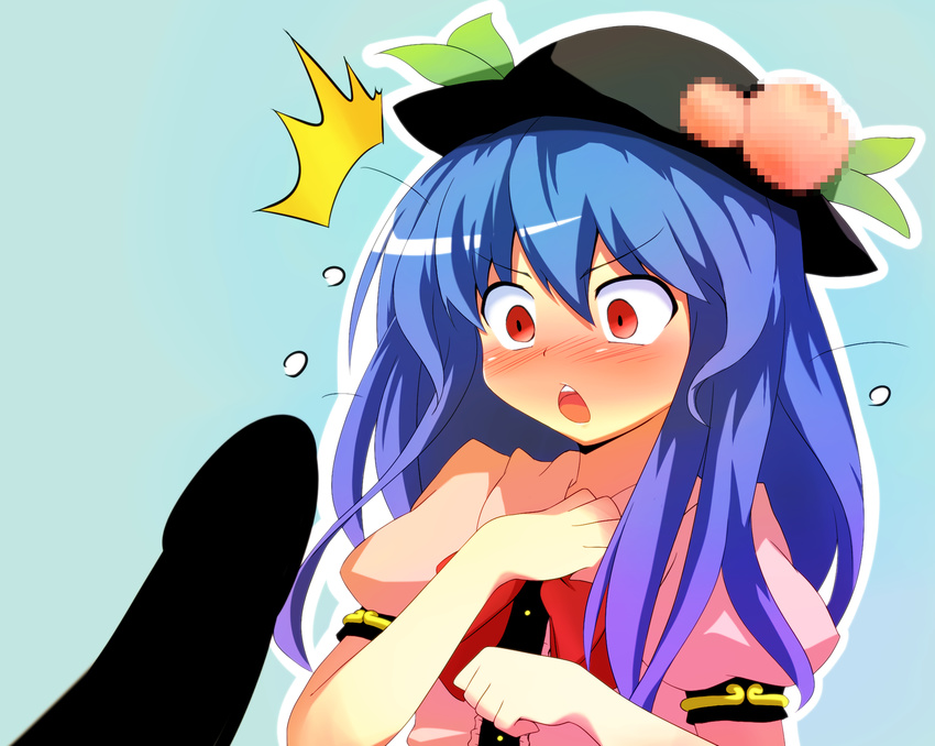 blue_hair blush bow censored dorowa_no_hito food fruit hat highres hinanawi_tenshi leaf long_hair mosaic_censoring open_mouth peach pointless_censoring puffy_sleeves red_eyes short_sleeves solo touhou