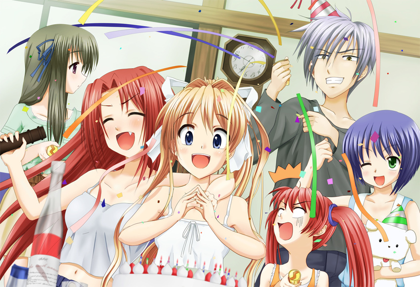 5girls air alcohol blonde_hair blush bottle cake casual dog fang food grin kamio_haruko kamio_misuzu kirishima_kano kunisaki_yukito long_hair michiru_(air) midriff multiple_girls navel one_eye_closed open_mouth party potato_(air) sake smile toono_minagi twintails yuzuki_karin