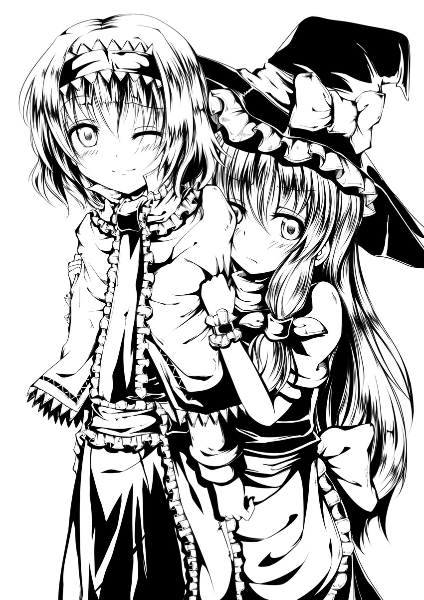 absurdres alice_margatroid blush chata_maru_(irori_sabou) greyscale hat highres kirisame_marisa long_hair looking_at_viewer monochrome multiple_girls one_eye_closed short_hair simple_background smile touhou very_long_hair white_background witch_hat yuri