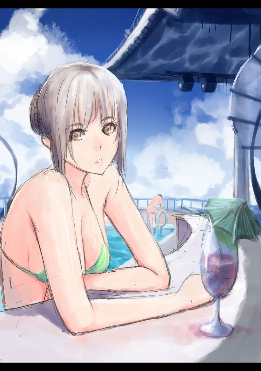 absurdres ass bad_id bad_pixiv_id bikini breasts brown_eyes caustics cleavage cloud cocktail_umbrella crossed_arms cup day drink drinking_glass hair_bun head_tilt highres large_breasts letterboxed looking_at_viewer multiple_girls nude original outdoors pandea_work parted_lips pool pool_ladder poolside purple_hair railing short_hair sideboob sidelocks silver_hair sketch sky swimsuit upper_body wine_glass