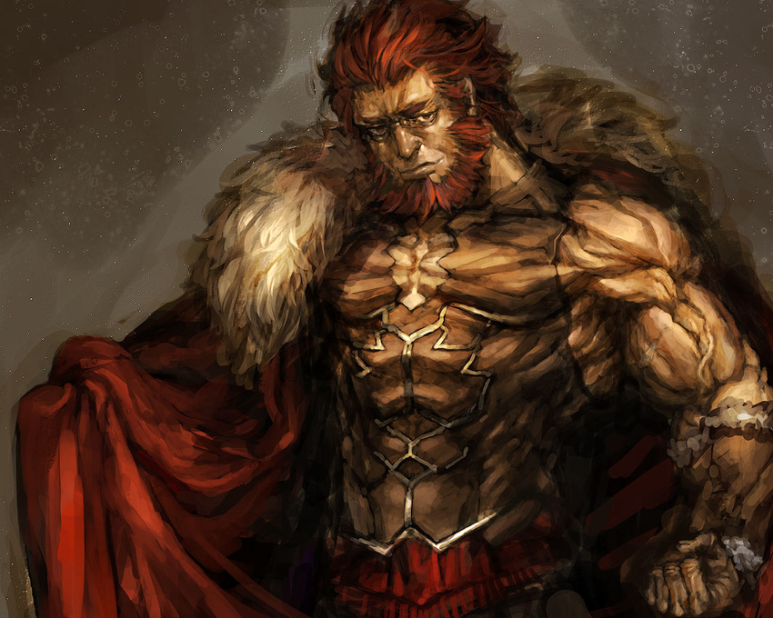 armor beard cape facial_hair fate/zero fate_(series) male_focus manly realistic red_eyes red_hair rider_(fate/zero) solo ttakuann
