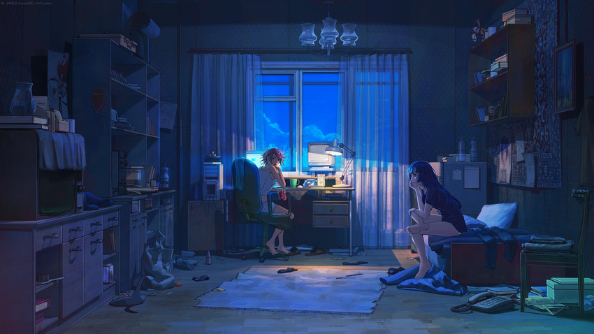 arsenixc barefoot bed blue_eyes blue_hair blush bookshelf bottle bottomless carpet chair chin_rest cloud collaboration computer corded_phone crossed_legs crt cup curtains cyrillic dark desk dr_pepper highres indoors lamp long_hair looking_back messy_room monitor multiple_girls night office_chair open_mouth original phone purple_hair refrigerator room russian scenery short_hair sitting television vvcephei wallpaper water_bottle wide_shot window
