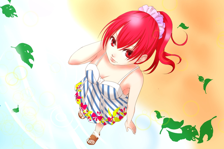 bare_shoulders cul dress from_above hair_ornament leaf long_hair matsuoka_mai ponytail red_eyes sandals solo vocaloid wading water