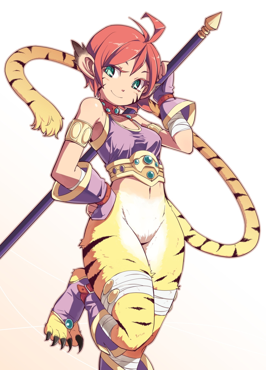 ahoge animal_ears armlet bandages beanpaste bottomless breath_of_fire breath_of_fire_ii cat_ears cat_tail claws crop_top facial_mark fingerless_gloves gloves green_eyes hand_on_hip highres jewelry looking_at_viewer navel necklace red_hair rinpoo_chuan shirt short_hair slit_pupils smile solo staff standing standing_on_one_leg tail taut_clothes taut_shirt tiger_stripes toeless_legwear weapon whisker_markings