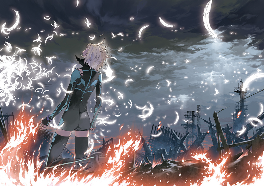 black_legwear boots cloud cloudy_sky feathers fire hair_over_eyes justminor kneeling looking_up original ruins scenery short_hair sky solo structure thigh_boots thighhighs torn_clothes white_hair