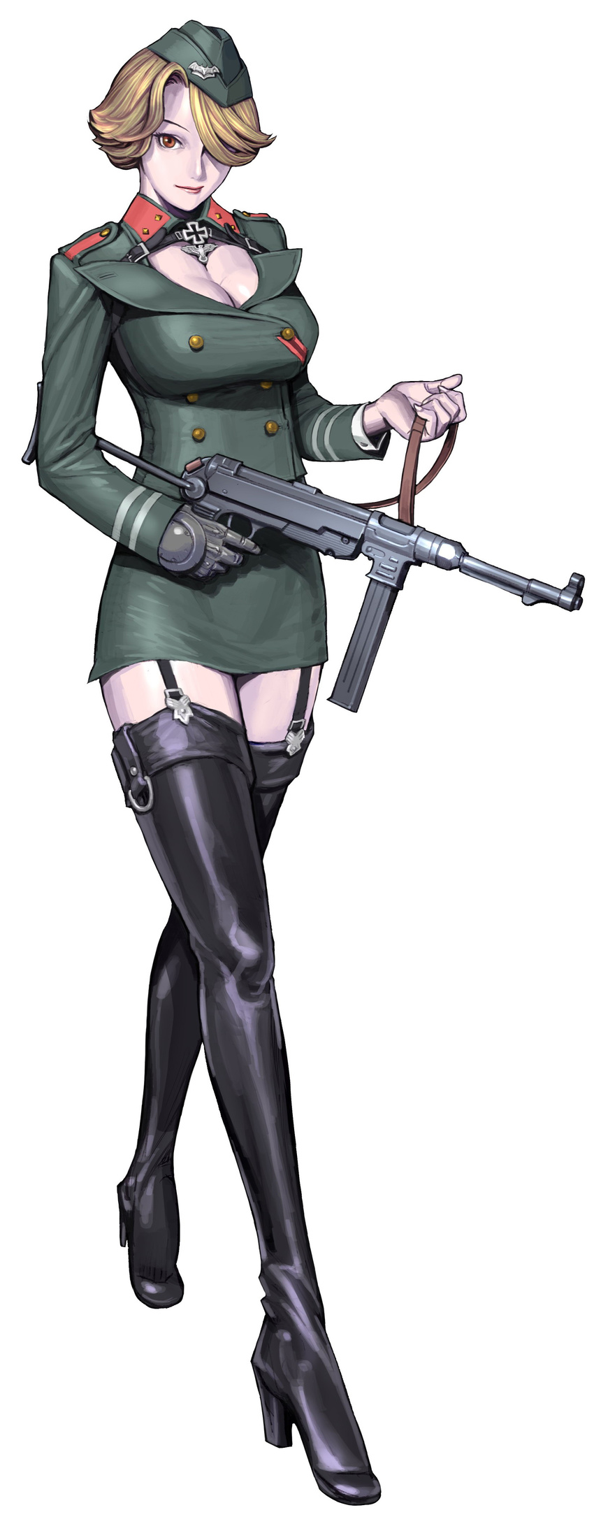 absurdres artist_request blonde_hair boots breasts brown_eyes carmilla_(operation_darkness) cleavage cleavage_cutout full_body garrison_cap garter_straps gloves gun hair_over_one_eye hat high_heels highres holding holding_gun holding_weapon iron_cross large_breasts legs long_legs military military_uniform miniskirt mp40 official_art operation_darkness pencil_skirt rifle shoes short_hair simple_background single_glove skirt submachine_gun thigh_boots thighhighs thighs trigger_discipline uniform weapon