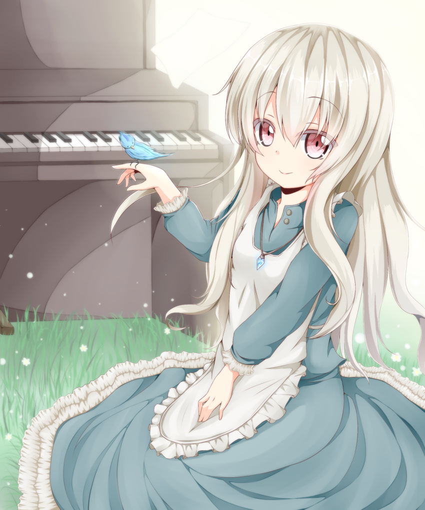 absurdres bird dress grass highres instrument jewelry kagamiya_(kyouya) kagerou_project kozakura_marry long_hair looking_at_viewer necklace piano pink_eyes silver_hair sitting smile solo souzou_forest_(vocaloid) vocaloid