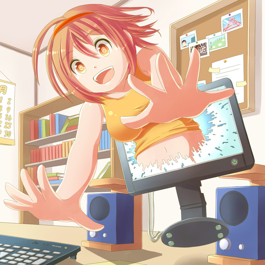 ahoge arumi_m bare_shoulders book bookshelf breasts brown_eyes brown_hair calendar_(object) corkboard hairband highres keyboard_(computer) large_breasts making_of monitor navel open_mouth original photo_(object) reaching ringed_eyes short_hair solo speaker teeth through_screen