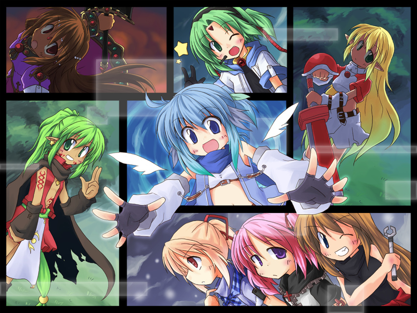 alfa_(ponkotsu-robo) blonde_hair blue_eyes blue_hair blush brown_hair fingerless_gloves gloves green_eyes green_hair grin highres long_hair multiple_girls one_eye_closed open_mouth original pink_hair pointy_ears purple_eyes red_eyes short_hair skywind_ehrhardt smile sword very_long_hair weapon wings wrench yuuhi_alpha