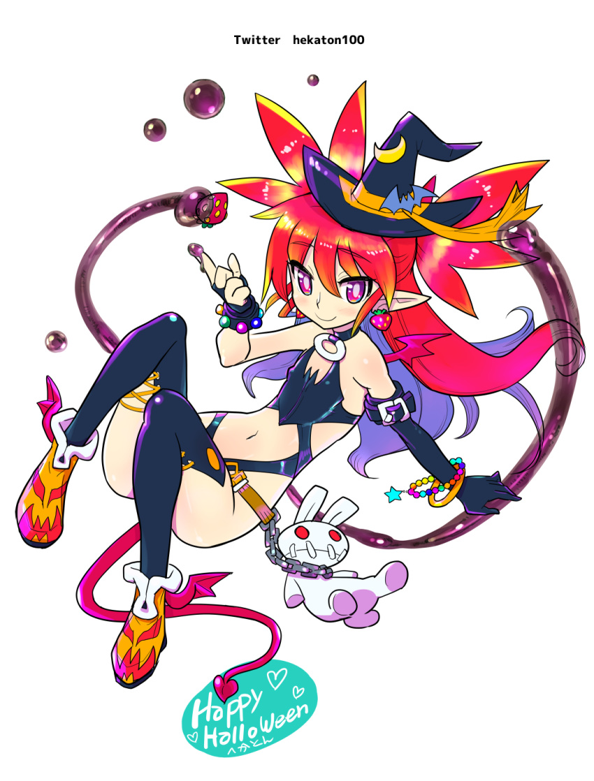 alternate_costume alternate_hairstyle asymmetrical_gloves bracelet chains demon_girl demon_tail demon_wings disgaea earrings etna flat_chest gloves halloween hat hekaton highres jewelry long_hair moon_(ornament) pointy_ears red_eyes red_hair smile stuffed_toy tail thighhighs wings witch_hat