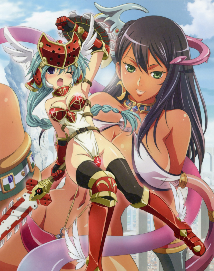 2girls absurdres dark_skin female green_eyes highres lunaluna_(queen's_blade) mirim multiple_girls official_art queen's_blade queen's_blade_rebellion queen's_blade queen's_blade_rebellion rin-sin runaruna smile