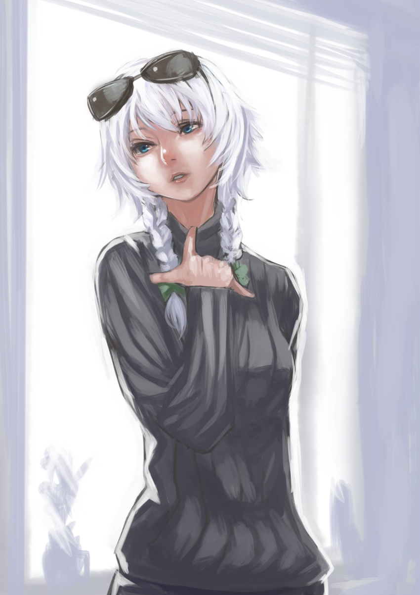 blue_eyes braid bukimi_isan eyewear_on_head highres izayoi_sakuya parted_lips ribbed_sweater ribbon short_hair silver_hair solo sunglasses sweater touhou twin_braids upper_body