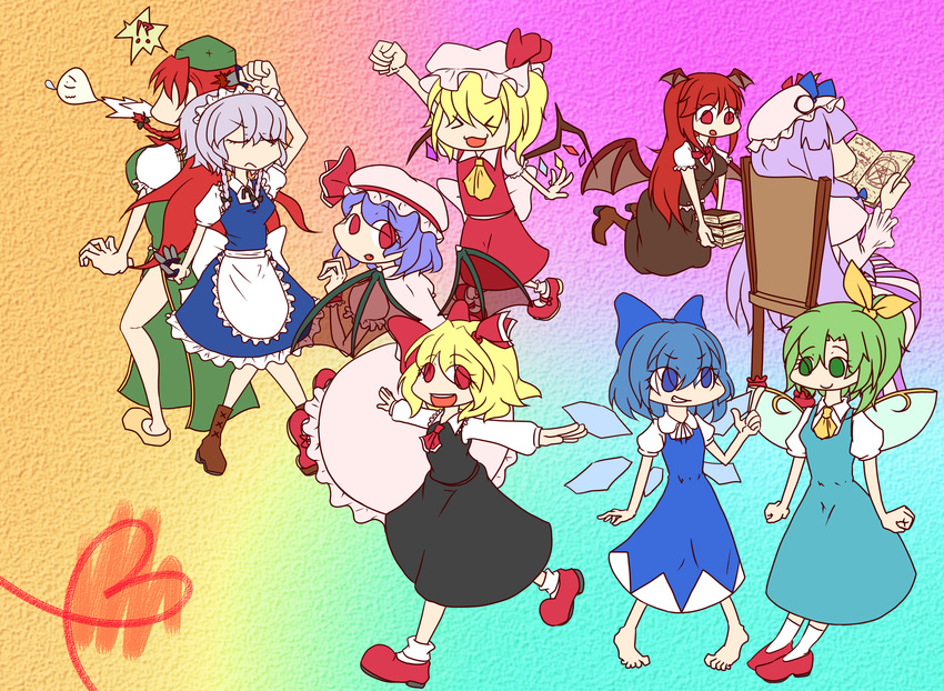 &gt;_&lt; 6+girls :&lt; :3 :d :o apron ascot back barefoot bat_wings between_fingers blonde_hair blood blue_dress blue_eyes blue_hair book book_stack boots bow braid capelet chair chibi china_dress chinese_clothes cirno clenched_hand clenched_hands closed_eyes crescent daiyousei dress dress_shirt everyone fairy_wings fang flandre_scarlet floating frills giving_up_the_ghost gradient gradient_background green_dress green_eyes green_hair grin hair_bow happy hat hat_bow head_wings heart highres holding holding_book hong_meiling index_finger_raised izayoi_sakuya knife knifed koakuma large_bow long_hair long_sleeves looking_back low-tied_long_hair low_wings maid maid_headdress mary_janes multiple_girls necktie nose_bubble open_book open_mouth outstretched_arms patchouli_knowledge pentagram pink_dress purple_dress purple_eyes purple_hair rainbow_background raised_fist reading red_eyes red_hair remilia_scarlet rumia shirt shoes short_hair short_sleeves side_ponytail side_slit silver_hair sitting skirt skirt_set smile spit_take spitting spread_arms striped striped_dress tatudosi the_embodiment_of_scarlet_devil touhou twin_braids v-shaped_eyebrows vertical_stripes very_long_hair vest waist_apron white_shirt wide_sleeves wings x3