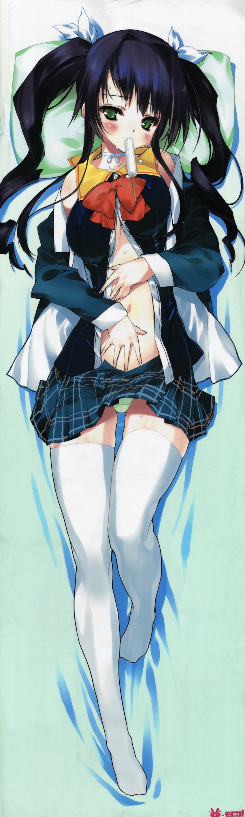 absurdres black_hair breasts dakimakura food full_body green_eyes green_panties hair_intakes highres huge_filesize long_hair medium_breasts mouth_hold navel open_clothes open_shirt panties popsicle shirt skirt skirt_lift solo thighhighs twintails underboob underwear urotan white_legwear