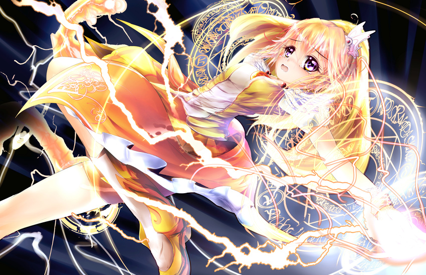 absurdres bike_shorts blonde_hair boots breasts choker cure_peace electricity garyljq hair_flaps hair_ornament highres kise_yayoi long_hair magic_circle magical_girl medium_breasts open_mouth precure shorts shorts_under_skirt skirt smile_precure! solo tears wrist_cuffs yellow_eyes yellow_skirt