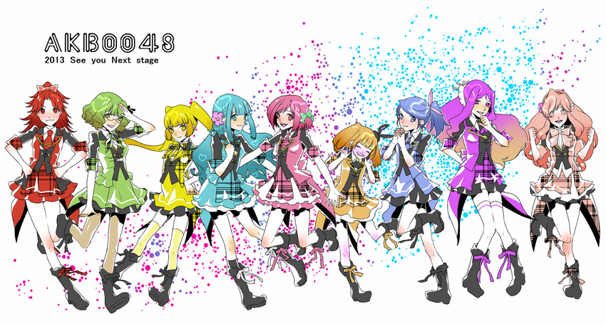 aida_orine akb0048 aqua_hair bad_id bad_pixiv_id blonde_hair blush brown_hair flower gradient_hair green_hair ichijou_yuuka kanzaki_suzuko kishida_mimori leaf_and_some long_hair motomiya_nagisa multicolored_hair multiple_girls ponytail red_hair shinonome_kanata shinonome_sonata short_hair smile sono_chieri thighhighs twintails yokomizo_makoto