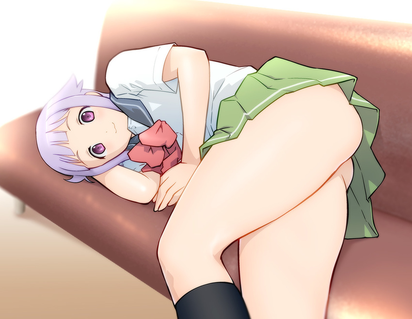 :3 ass black_legwear couch flat_ass fnc_(upotte!!) hand_behind_head lavender_hair legs looking_at_viewer lying on_side purple_eyes skirt smile socks solo thighs ueyama_michirou upotte!!