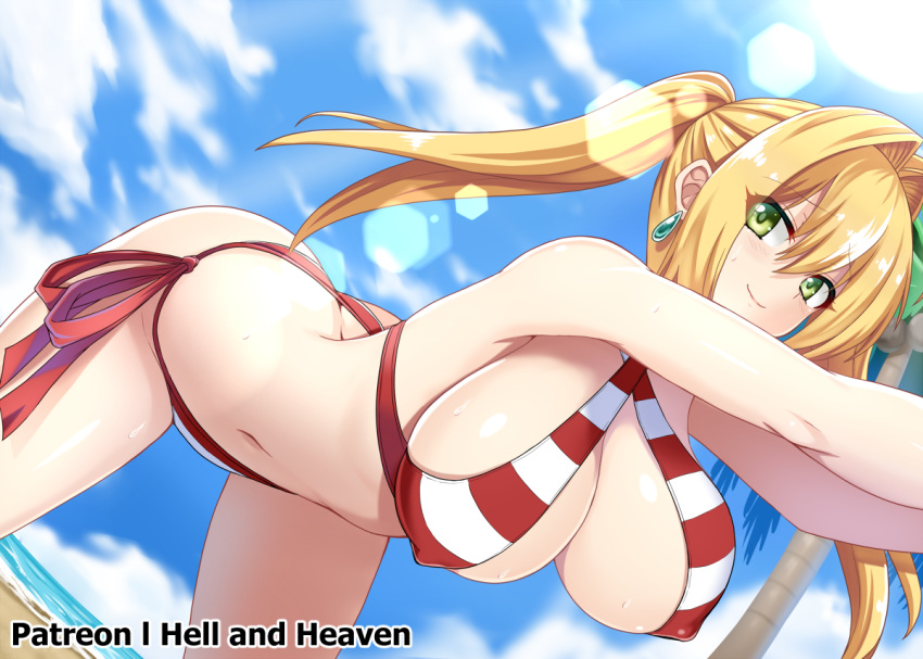 1girl ahoge ass beach bent_over bikini breasts butt_crack coconut coconut_tree covered_nipples criss-cross_halter day dutch_angle earrings fate/grand_order fate_(series) green_eyes hair_between_eyes hair_intakes halter_top halterneck hellandheaven jewelry large_breasts lens_flare long_hair looking_back navel nero_claudius_(fate) nero_claudius_(fate)_(all) nero_claudius_(swimsuit_caster)_(fate) ocean outdoors palm_tree presenting red_bikini side-tie_bikini sky smile solo striped striped_bikini sweat swimsuit tree twintails