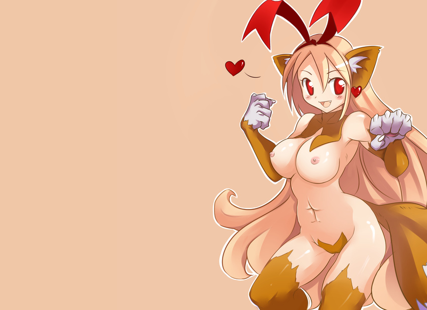 1girl animal_ears breasts cat_ears cat_tail cosplay disgaea earrings fang flonne flonne_(fallen_angel) furry hairband heart highres jewelry long_hair nekomata_(disgaea) nipples open_mouth red_eyes solo tail tusia