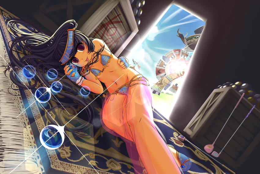 1girl :p arabian_clothes black_hair fingerless_gloves flat_chest gloves harem_pants highres jewelry kooh long_hair looking_at_viewer lying midriff navel necklace pangya panties pants red_eyes see-through smile solo striped striped_panties the-ta tongue tongue_out underwear