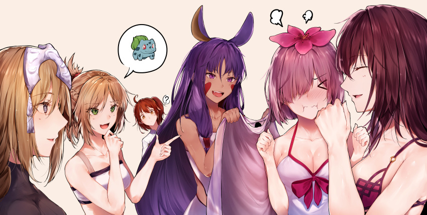 6+girls ? absurdres ahoge angry animal_ears babydoll bangs bare_shoulders blonde_hair blue_eyes blush bra braid breasts bulbasaur chaldea_uniform cleavage dark_skin eyebrows_visible_through_hair eyes_closed facial_mark fate/apocrypha fate/grand_order fate_(series) fujimaru_ritsuka_(female) gen_1_pokemon glasses green_eyes hair_between_eyes hair_ornament hair_over_one_eye hair_scrunchie hands_up headpiece highres holding hplay jackal_ears jacket janne_d'arc jeanne_d'arc_(fate) jeanne_d'arc_(fate)_(all) jewelry large_breasts laughing long_hair looking_at_viewer mash_kyrielight medium_breasts mordred_(fate) mordred_(fate)_(all) multiple_girls nitocris_(fate/grand_order) one_side_up open_mouth orange_eyes orange_hair pink_hair pointing ponytail pout purple_bra purple_eyes purple_hair scathach_(fate)_(all) scathach_(fate/grand_order) scrunchie short_hair side_ponytail sidelocks smile spoken_question_mark underwear very_long_hair wavy_mouth