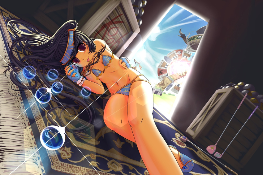 1girl :p arabian_clothes black_hair fingerless_gloves flat_chest gloves highres jewelry kooh long_hair looking_at_viewer lying midriff navel necklace pangya panties red_eyes see-through smile solo striped striped_panties the-ta tongue tongue_out underwear