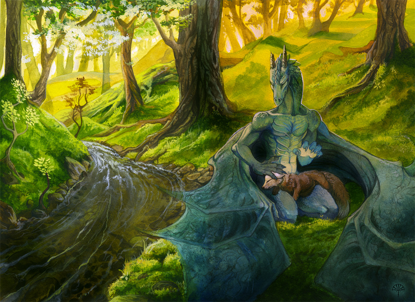 anthro caress couple dragon feral ferret forest healing horn magic mammal mustelid nude scenery stream tree wings wood