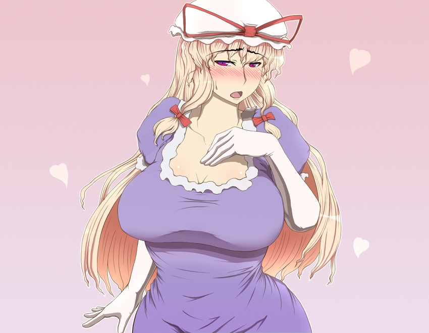 1girl blonde_hair blush breasts cleavage elbow_gloves female gloves hat heart huge_breasts long_hair open_mouth purple_eyes simple_background solo standing tanishi_(tani4) tanisiya touhou yakumo_yukari