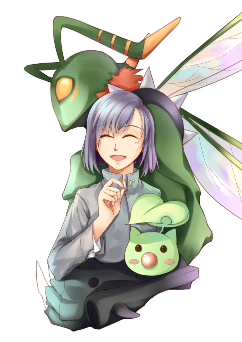 absurdres antennae black_hair blush_stickers claws closed_eyes digimon digimon_adventure_02 dual_persona highres ichijouji_ken insect_wings leaf leafmon long_sleeves orange_hair renge98 smile spikes stingmon wings