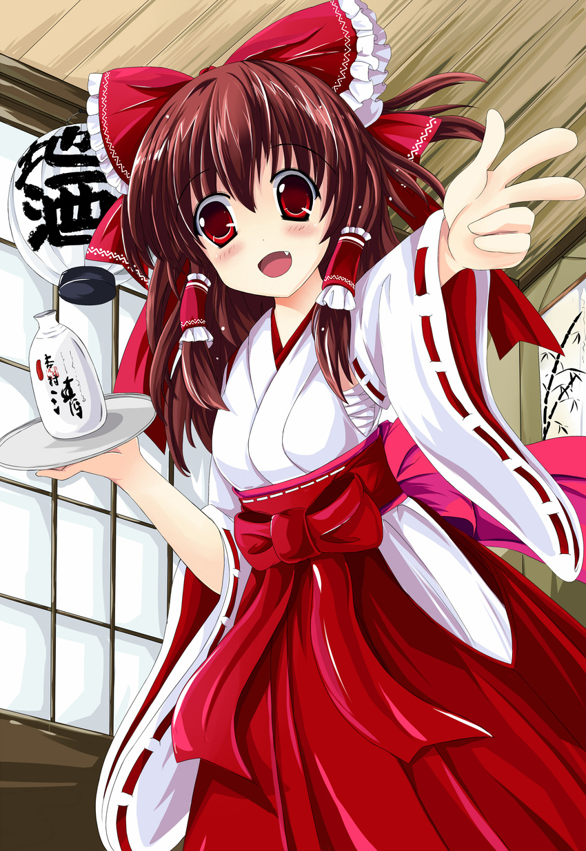 absurdres bad_id bad_pixiv_id bow brown_hair detached_sleeves fang hair_bow hair_tubes hakurei_reimu highres japanese_clothes long_hair miko red_eyes sakuraba_hikaru_(loveindog) solo touhou