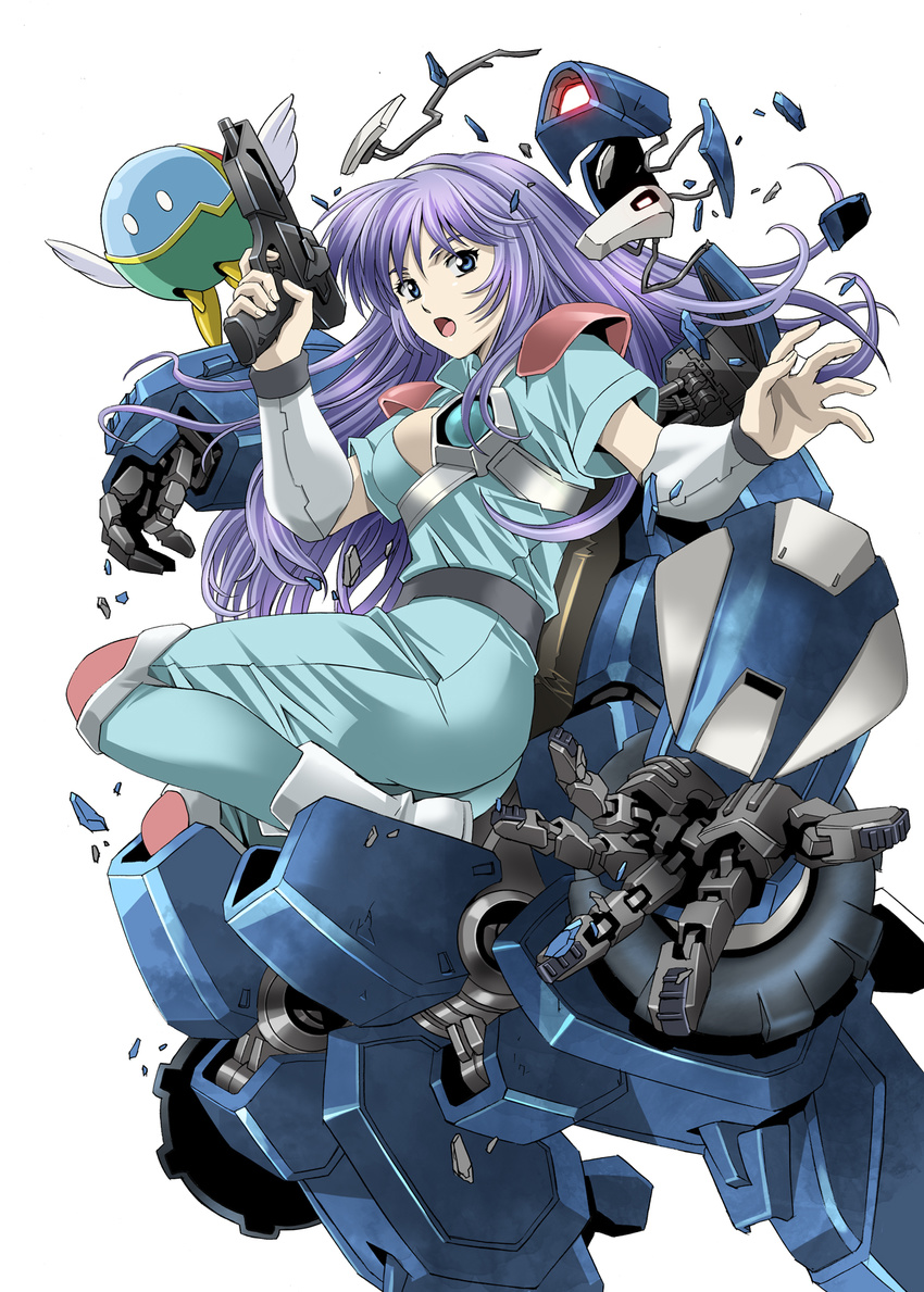 :o akai_koudan_zillion apple_(zillion) blue_eyes blue_hair bodysuit company_connection energy_gun fantasy_zone full_body gloves gun highres long_hair mecha opa-opa platin_(alios) power_armor ray_gun science_fiction sega shoes solo weapon white_background