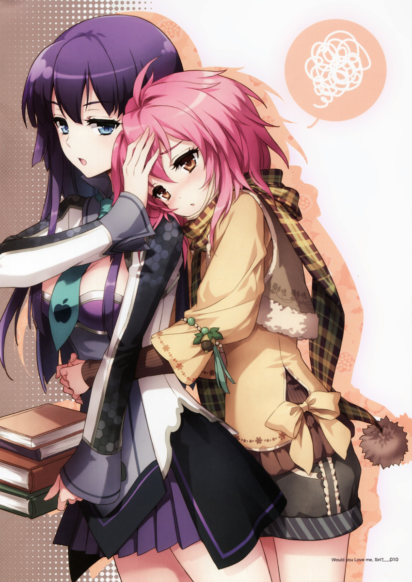 :o an2a apple_inc. bangs black_gloves blue_eyes blush book brown_eyes carrying cropped dress from_side gloves hand_on_another's_head highres hug hug_from_behind long_sleeves multiple_girls original parted_lips pink_hair plaid plaid_scarf pleated_skirt purple_hair purple_skirt scarf shorts siri skirt speech_bubble spoken_squiggle squiggle wrist_cuffs yuri