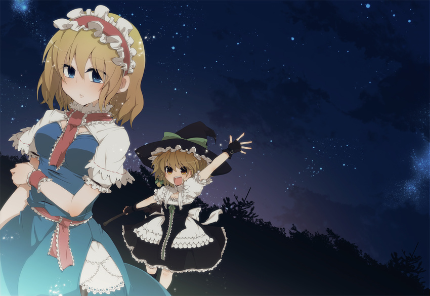 :d alice_margatroid aoi_(annbi) arm_up blonde_hair blue_eyes blush bow breasts broom capelet curiosities_of_lotus_asia fingerless_gloves gloves hairband hat hat_bow holding kirisame_marisa medium_breasts multiple_girls night night_sky open_mouth sky smile touhou witch_hat wrist_cuffs yellow_eyes