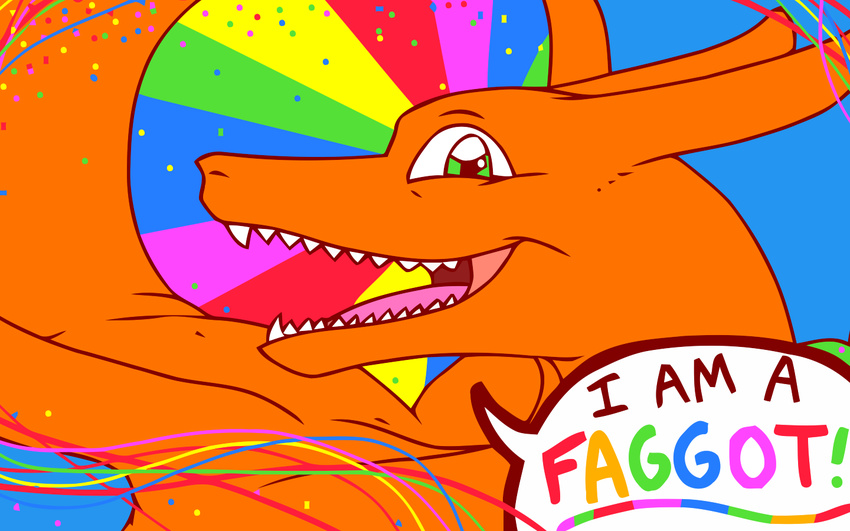 charizard dialog dialogue dragon english_text fabulous green_eyes javanshir lizard looking_at_viewer male nintendo pok&#233;mon pok&eacute;mon rainbow reaction_image reptile scalie solo stated_homosexuality super_gay text the_truth vectorized video_games