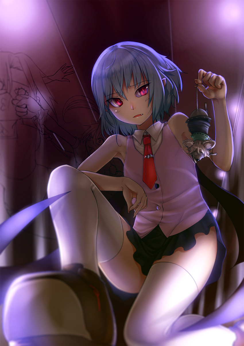 bat_wings blue_hair fang highres kneeling mossari_poteto mouse nazrin nazrin_(mouse) necktie no_hat no_headwear open_mouth perspective rat red_eyes remilia_scarlet short_hair skirt sleeveless solo thighhighs touhou white_legwear wings