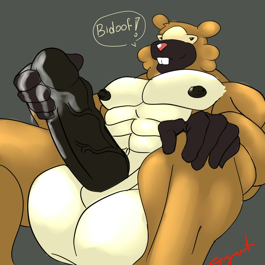 bidoof big_balls black_penis cum erection hyper male masturbation muscles nintendo penis pok&#233;mon pok&eacute;mon solo video_games