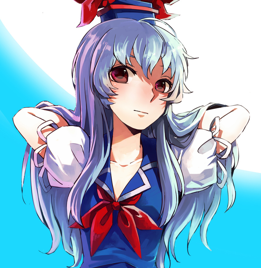 74_(teduka) arms_behind_head blue_hair dress hands_in_hair hat highres kamishirasawa_keine long_hair red_eyes ribbon silver_hair solo touhou upper_body