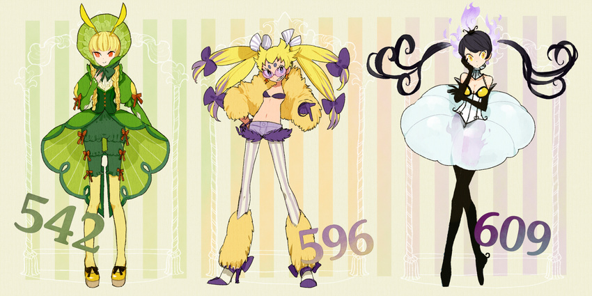 antennae bad_id bad_pixiv_id bare_shoulders bikini_top black_hair blonde_hair bonnet bracelet chandelure earrings elbow_gloves galvantula gen_5_pokemon gloves high_heels jewelry l_hakase leavanny leg_warmers multiple_girls pantyhose personification pokemon purple_eyes red_eyes shoes short_shorts shorts striped striped_legwear sunglasses twintails vertical-striped_legwear vertical_stripes yellow_eyes