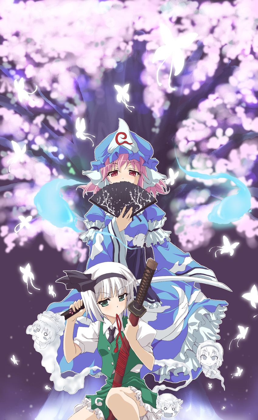 akuto alice_margatroid bad_id bad_pixiv_id bug butterfly chen cherry_blossoms covering_mouth dual_wielding fan frills ghost green_eyes hair_ribbon hairband hat highres hitodama holding insect konpaku_youmu long_skirt long_sleeves merlin_prismriver multiple_girls necktie pink_eyes pink_hair puffy_sleeves ribbon saigyouji_yuyuko short_hair short_sleeves silver_hair skirt sword touhou triangular_headpiece weapon wide_sleeves