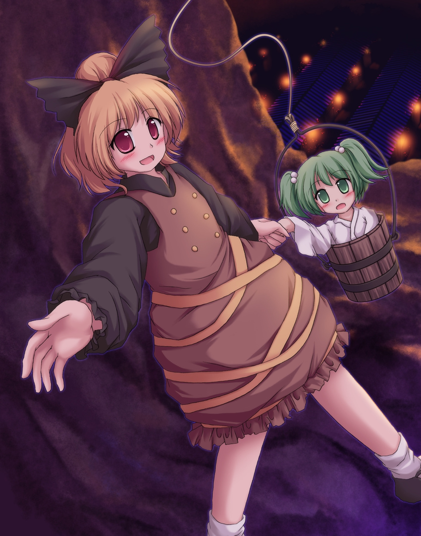 blonde_hair blush bow bucket green_eyes green_hair hair_bobbles hair_bow hair_ornament highres holding_hands in_bucket in_container kisume kurodani_yamame long_sleeves lzh multiple_girls open_mouth ponytail red_eyes rope short_hair touhou twintails wide_sleeves wooden_bucket