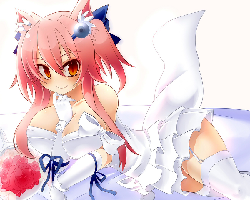 1girl animal_ears bare_shoulders between_breasts bouquet breasts bride cat_ears cleavage dress elbow_gloves female flower gloves hair_ornament highres jontake long_hair lying miniskirt on_stomach orange_eyes pink_hair shinrabanshou shiten_rekka_karin skirt smile solo thighhighs thighs wedding_dress white_legwear white_thighhighs